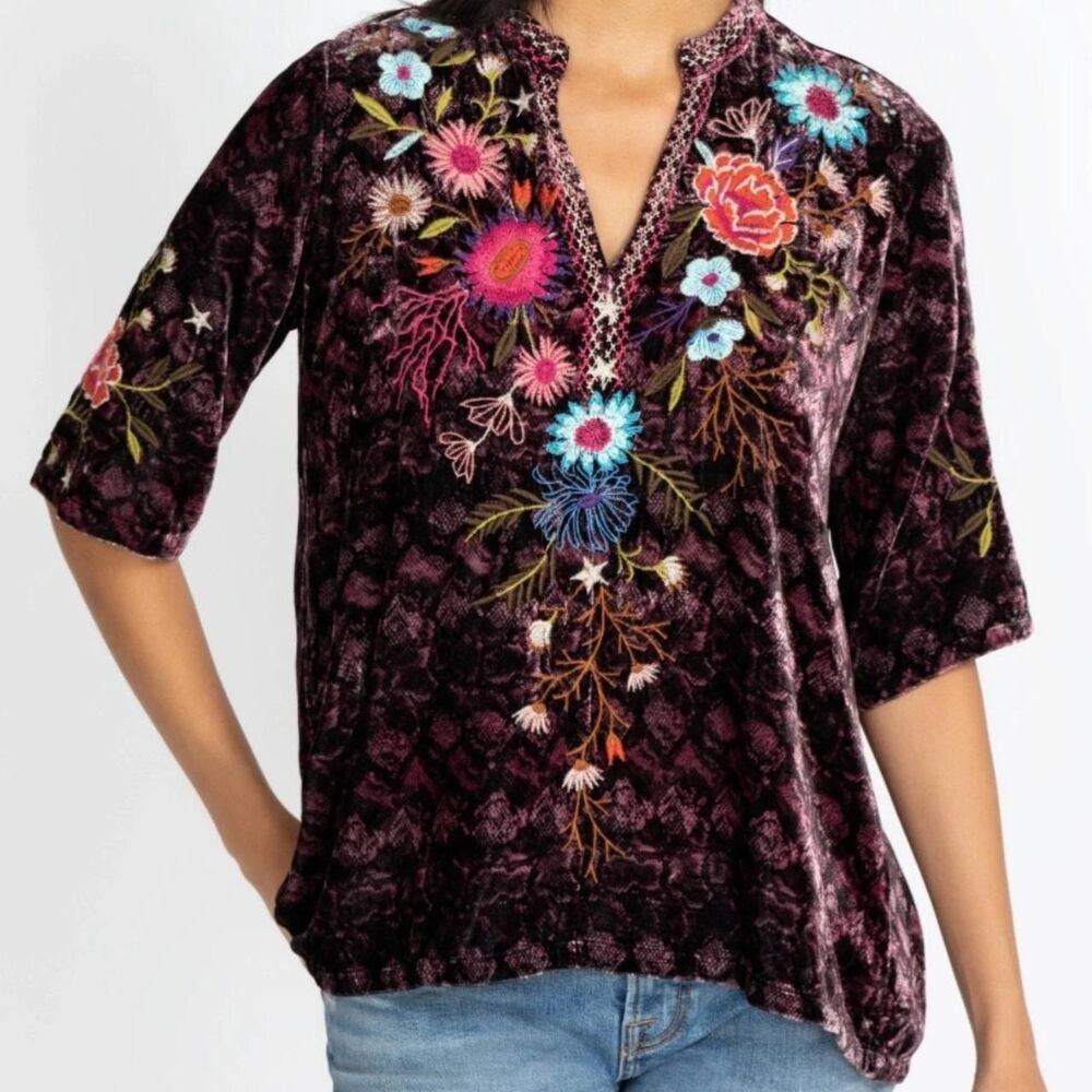 Johnny Was Ulla Boho Velvet Snake Print Floral Embroidered 3/4 Sleeve Top M